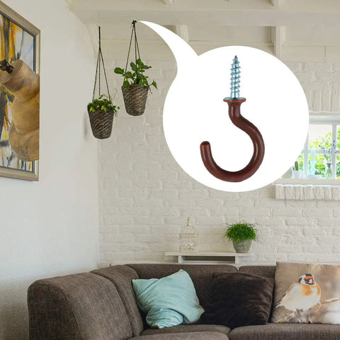 Cup Ceiling Hooks 1 Inch Vinyl Coated Metal Screw In Holder Hooks for home office plants in living room setting.