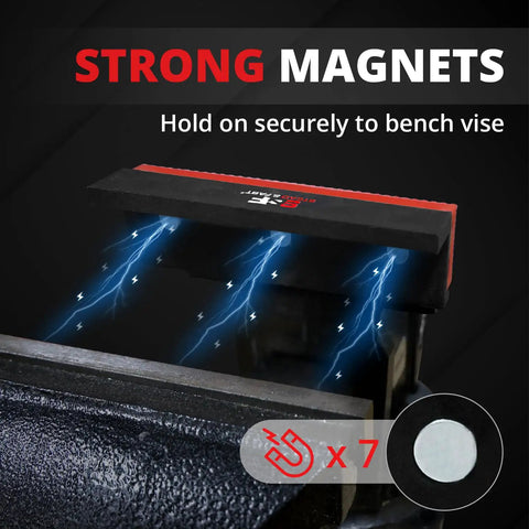 4.5 Inch Soft Vise Jaws With Z Holder, Magnetic TPU Pads, 2 Pairs, showing strong magnet hold on bench vise