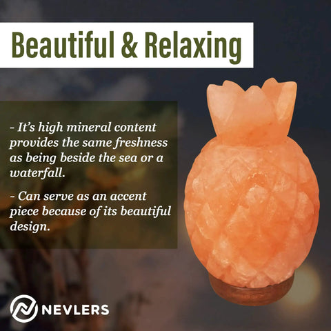 Pineapple-shaped pink Himalayan salt lamp with a wooden base, textured surface, and promotional text about mineral content and design.