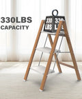 Grab-and-Go 3 Step Folding Aluminum Ladder With Non Slip Wide Steps For Easy Home Reach, Lightweight Yet Durable Step Stool For Kitchen Closet Bedroom, Supports Up To 330 Lb, Woodgrain Finish, 3-step folded view