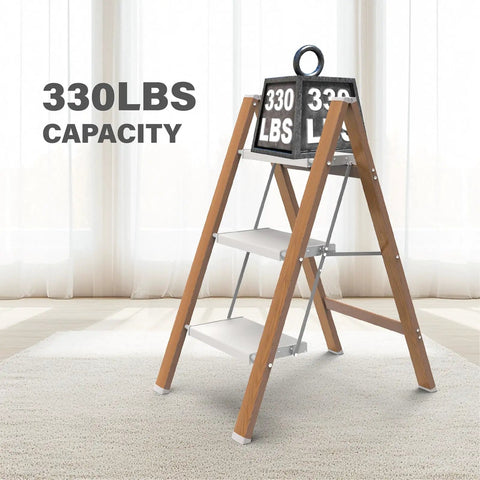 Grab-and-Go 3 Step Folding Aluminum Ladder With Non Slip Wide Steps For Easy Home Reach, Lightweight Yet Durable Step Stool For Kitchen Closet Bedroom, Supports Up To 330 Lb, Woodgrain Finish, 3-step folded view