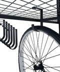 6 Pack Heavy Duty Bike Hooks For Garage Ceiling With Screws Included, 70 Lbs Capacity Per Hook, shown holding bike up close