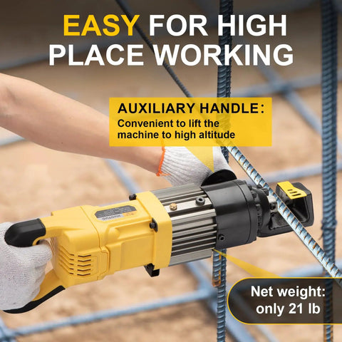 Image of 5/8 Inch Cordless Electric Hydraulic Rebar Cutter 1000W Portable Steel Bar Tool RC16A with auxiliary handle in use.