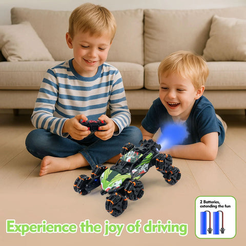 ToyFuntasy 8-wheel green-and-black RC stunt car with LED lights, kids playing with remote