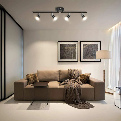 Dope Six Light Head Adjustable LED Track Lighting Kit With Three Bar Layout And Flexible Arms, Matte Black in living room