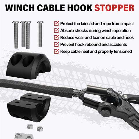 Beefed Up Synthetic Winch Rope Kit For ATVs And UTVs Off Road One Quarter Inch By Fifty Feet With Ten Thousand Pounds Breaking Strength Includes Forged Hook Protective Sleeve Rubber Stopper And Safety Pull Strap Gray shown with parts and stopper