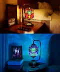 Turkish Mosaic Table Lamp With 7 Color LED on nightstand, red accent, dual USB ports, glowing in cozy bedroom setting, rotating light.