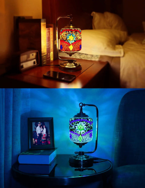 Turkish Mosaic Table Lamp With 7 Color LED on nightstand, red accent, dual USB ports, glowing in cozy bedroom setting, rotating light.