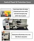 Control panel of the 8X16 Mini Metal Lathe, showing emergency stop switch and power-off protection features.