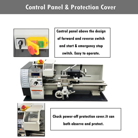 Control panel of the 8X16 Mini Metal Lathe, showing emergency stop switch and power-off protection features.