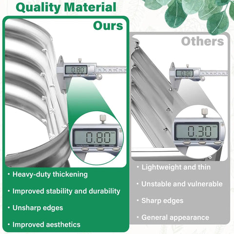 Comparison of heavy-duty metal in Galvanized Raised Garden Bed Kit 4By2By1Ft Oval Planter Boxes For Outdoor Garden versus thin metal.