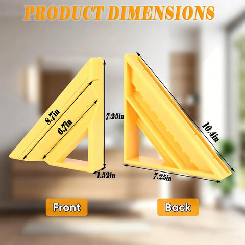 Pro Grade 45 Degree Tile Miter Tool With Precision Guide, showing front and back view with dimensions, durable ABS construction
