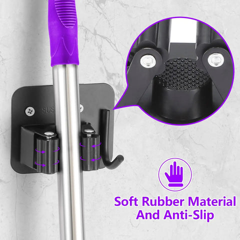Close-up of Stainless Steel Broom Holder With Four Grippers And Four Hooks Heavy Duty Wall Mount Organizer for Mop, featuring anti-slip detail.