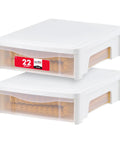 Under Bed Storage Bins Set Of Two, 22 Quart Stackable Organizer Containers With Sliding Drawers For Clothes Shoes Bedding In White, Durable Plastic, Easy Access, Space Saving Design For Dorms And Small Closets