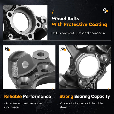 Front Steering Knuckle and Wheel Bearing Hub Assembly, close-up detail, black cast iron, protective coating visible