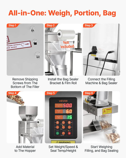 No Hassle Automatic Powder Filler And Bag Sealer setup steps guide showing installation process for precise coffee and spice packing.