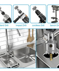 Pro Grade TCT Hole Saw Two Pack Half Inch Tungsten Carbide Tipped Cutters with titanium pilot bit in kitchen sink setup.
