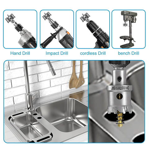 Pro Grade TCT Hole Saw Two Pack Half Inch Tungsten Carbide Tipped Cutters with titanium pilot bit in kitchen sink setup.