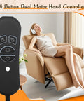 Replacement Lift Chair Remote With 4 Buttons for Dual Motor Recliners, shown beside a woman in a reclined chair