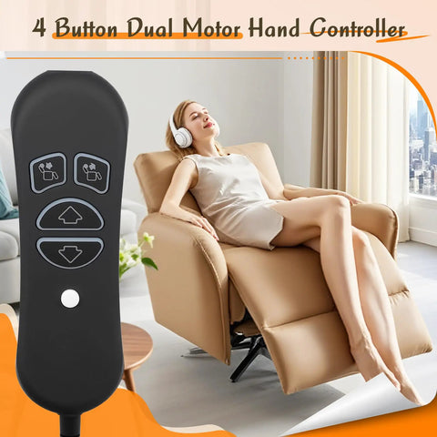 Replacement Lift Chair Remote With 4 Buttons for Dual Motor Recliners, shown beside a woman in a reclined chair