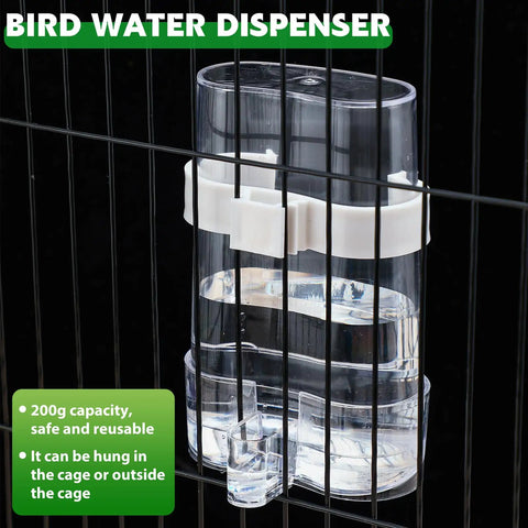 Seven Piece Bird Feeder And Water Dispenser Set For Parrot Cages No Mess Automatic Feeding Station With Slick Stainless Steel Fruit Forks Zero Sweat Hanging Toy Clean Setup Hassle Free Fresh Feed Routine water dispenser with 200g capacity for bird cages.