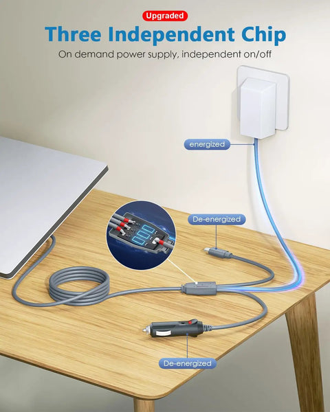 10 Ft 3 In 1 Usb C To Dc Power Cord For Starlink Mini With Rugged 18 Awg Wiring connected to a wall outlet and car adapter.