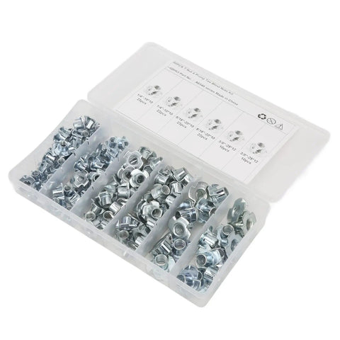 Heavy Duty Galvanized T Nuts Set One Hundred Ten Pieces Pronged Tee Nuts For Wood And Wet Environments in plastic case