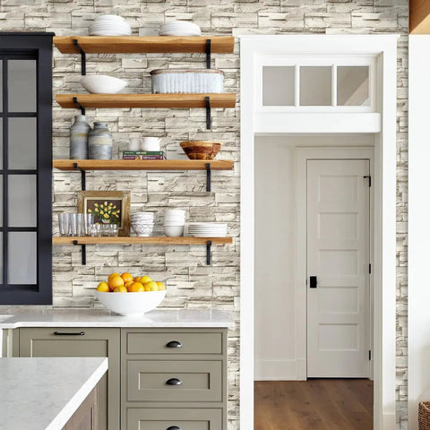 Stone Brick Wallpaper Peel And Stick Vinyl For Walls 17.7 In By 118.1 In Removable Backsplash in kitchen with beige stone look