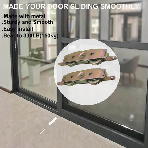 2 Pack Beefy Heavy Duty Sliding Screen Door Roller Assembly For Patio Doors Replacement Wheels With 1-1/4 Inch Steel Ball Bearing Side Adjustable Durable Construction Smooth Glide Includes 2 Rollers in front of a sliding patio door.