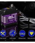 Waterproof IP68 Brushless RC Servo With 60kg Torque, magnetic induction, steel helical gear for RC cars, shown front view.
