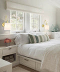 Bedroom view with Brass Wall Lamps Set Of 2 With White Fabric Shade, Vintage Modern Sconce Lighting, Hardwired Wall Mount, On Off Switch