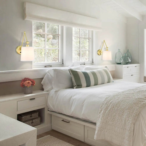 Bedroom view with Brass Wall Lamps Set Of 2 With White Fabric Shade, Vintage Modern Sconce Lighting, Hardwired Wall Mount, On Off Switch