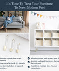 Gold Cap Clear Acrylic Furniture Legs Set Of 4 shown in modern living room with adhesive rubber pads, mid-century style, 4 inch height
