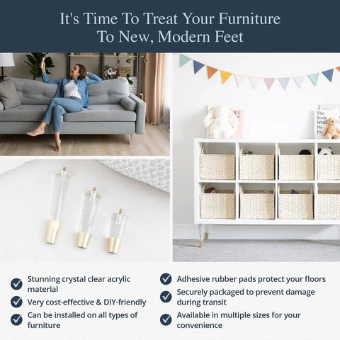 Gold Cap Clear Acrylic Furniture Legs Set Of 4 shown in modern living room with adhesive rubber pads, mid-century style, 4 inch height