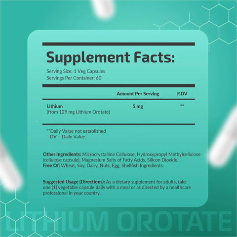 Supplement facts label for Lithium Orotate 5 Mg Brain Health Supplement For Focus And Clarity Mind Fuel With Bioavailable Trace Mineral