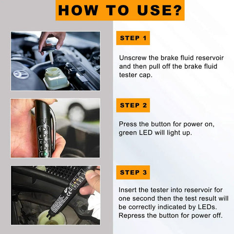 Instructions for Brake Fluid Tester Pen With 5 LED Indicators For DOT3 DOT4 DOT5.1 Testing, showing step-by-step usage