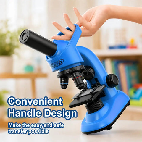 Awesome Kids Microscope Kit 40x To 1600x Magnification With LED Light STEM Toy For Beginners Ages 6 To 12 Includes Prepared Slides And Tool Set For Curious Young Scientists, blue plastic microscope with handle