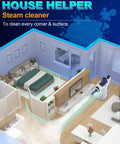 Illustration of Powerful Handheld Pressurized Steam Cleaner With 11-Piece Accessory Kit sanitizing a modern living space.