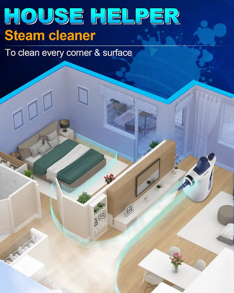 Illustration of Powerful Handheld Pressurized Steam Cleaner With 11-Piece Accessory Kit sanitizing a modern living space.