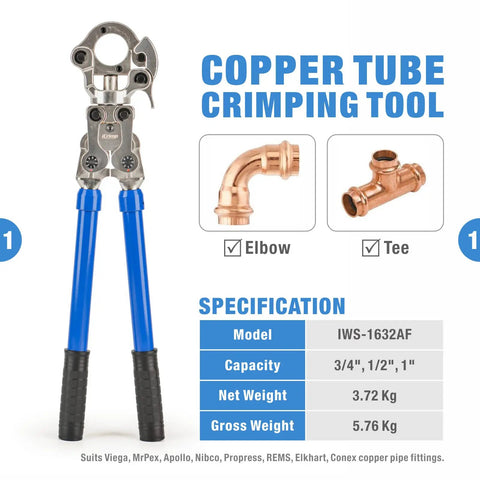 iCrimp IWS-1632AF Copper Press Tool for 1/2 3/4 1inch fittings with elbow and tee copper connections.
