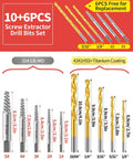 16 Piece Screw Extractor Set With Left Handed Drill Bits For Stripped Damaged Rusted Or Rounded Off Screws And Bolts No Nonsense Easy Out Bolt Remover Kit For Home Shop And Auto Repairs, showing drill bits and extractors with labeled sizes.