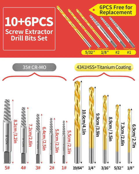 16 Piece Screw Extractor Set With Left Handed Drill Bits For Stripped Damaged Rusted Or Rounded Off Screws And Bolts No Nonsense Easy Out Bolt Remover Kit For Home Shop And Auto Repairs, showing drill bits and extractors with labeled sizes.
