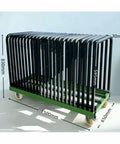 Rock Solid Shop Beast Steel Cart For Hauling Sheet Metal Plastic Glass And Wood Panels With Scratch Free Multi Slot Rack System And No Sweat Smooth Roll Wheels side view with dimensions labeled.