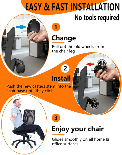 Diagram showing installation of 3 Inch Caster Wheel Set Of 5 For Office Chairs, Replacement Wheels With Aerospace Grade ABEC7 Bearings.