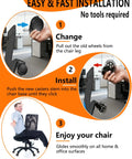 Illustration of installation steps for Top Shelf 3 Inch Roller Blade Office Chair Wheels Set Of 5, showing easy wheel change process.