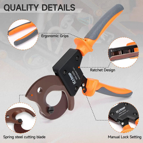 Pro Level Heavy Duty Ratchet Cable Cutter with ergonomic grips and spring steel blade for slicing up to 32mm wires.
