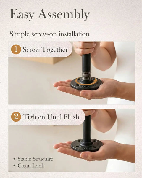Person assembling Half Inch By Twenty Four Inch Black Malleable Iron Pipe Nipples Fittings Ten Pack Threaded Both Ends