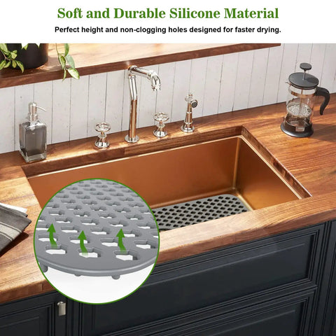 Silicone Kitchen Sink Mat With Non Slip Design, Stable Farmhouse Sink Protector For Stainless Steel Drainboard, Gray shown in sink
