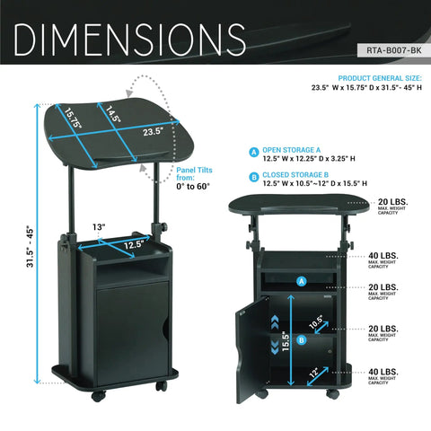 Adjustable Laptop Cart With Storage Rolling Mobile Workstation Desk dimensions and features in black.