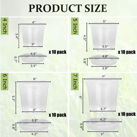 Clear Nursery Pots With Drainage Holes And Saucers, 40 Pack In 4, 5, 6, 7 Inch Sizes, Transparent Plastic Planter Dimensions Chart